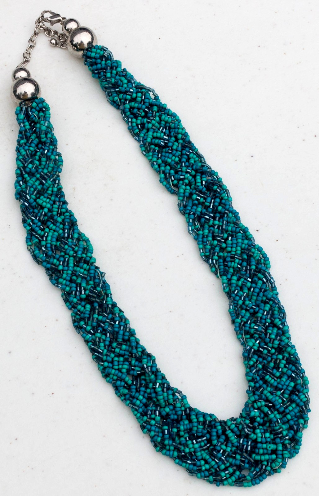 Vintage Light & Dark Teal Woven Glass Seed Bead 20.5″ Necklace