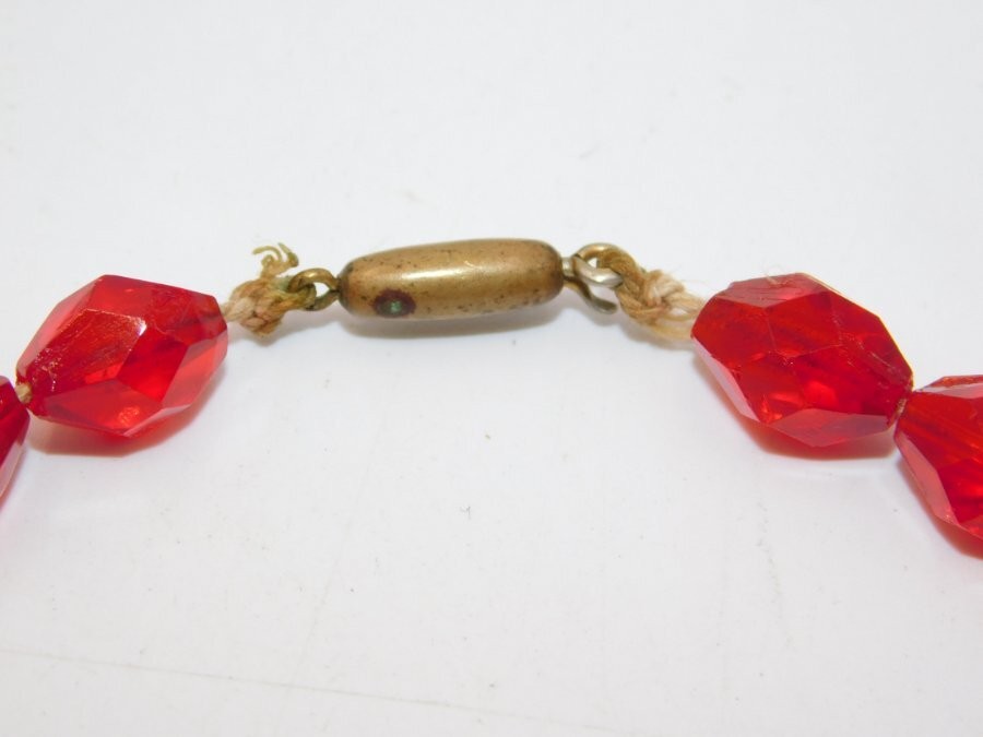B380-ANTIQUE NECKLACE~RED FACETED GLASS BEADS~22″ LONG