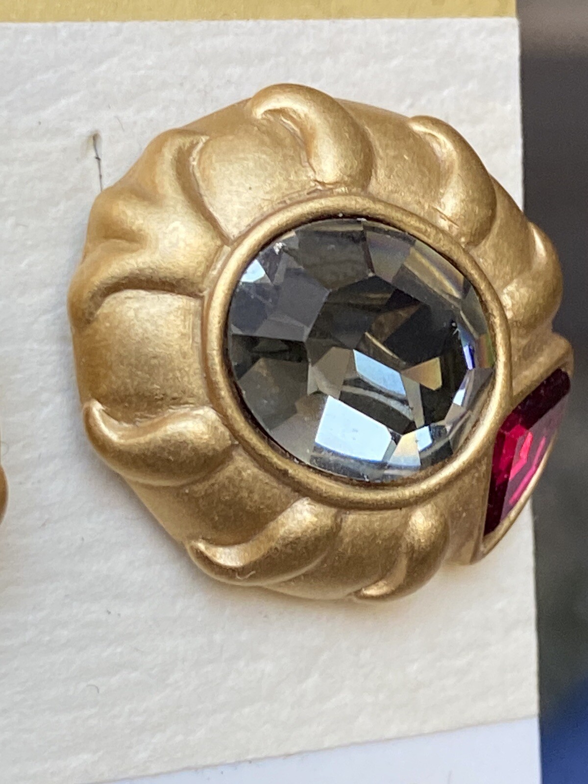 Vintage NAPIER Ruby Smokey Topaz Faceted Crystals Earrings Brushed Gold Art Deco