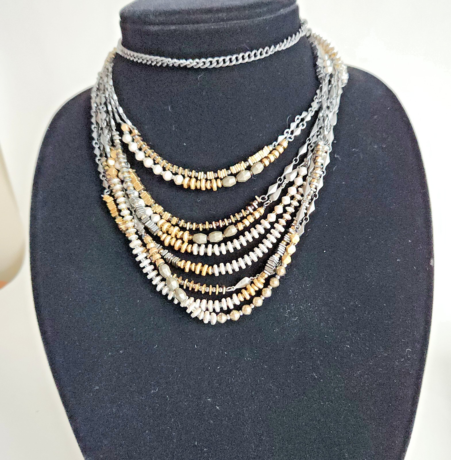Stella & Dot Multi Strand Necklace Gold Black Silver Beaded Layered 9