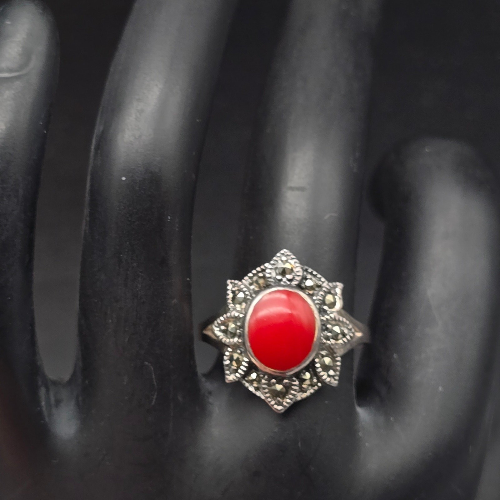 Sterling Silver Red Coral Marcasite Ring Size 7.75 925 Vintage