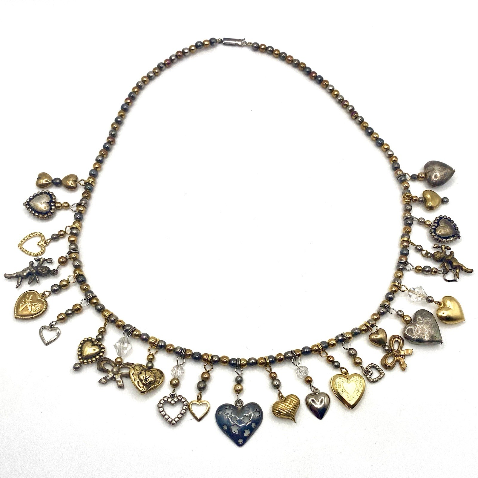 Vtg Estate Silver Bronze Gold Tone 24 Charms Necklace Glass Works Studio Style