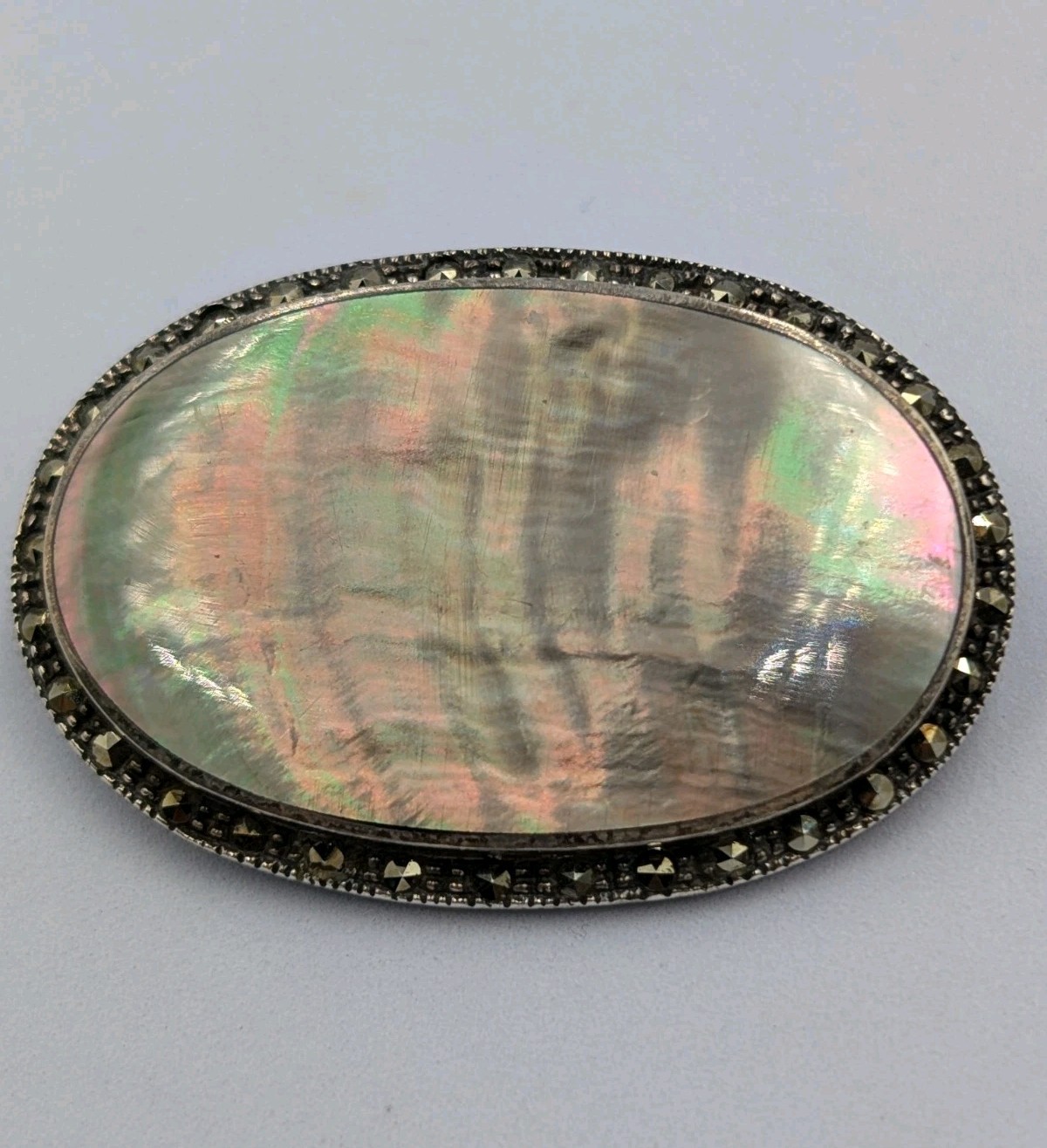 MYG Vintage Sterling Silver Oval Abalone Shell & Marcasite Stone 925 Pin Brooch