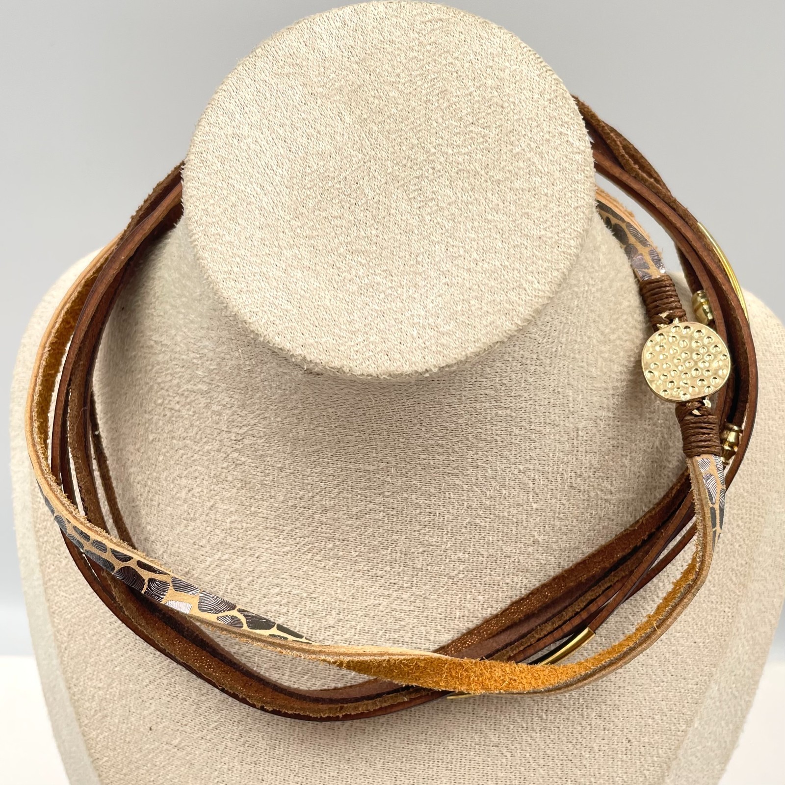 Vintage Boho Leather Wrap Bracelet Multi Strand Animal Magnetic Clasp Gold Tone