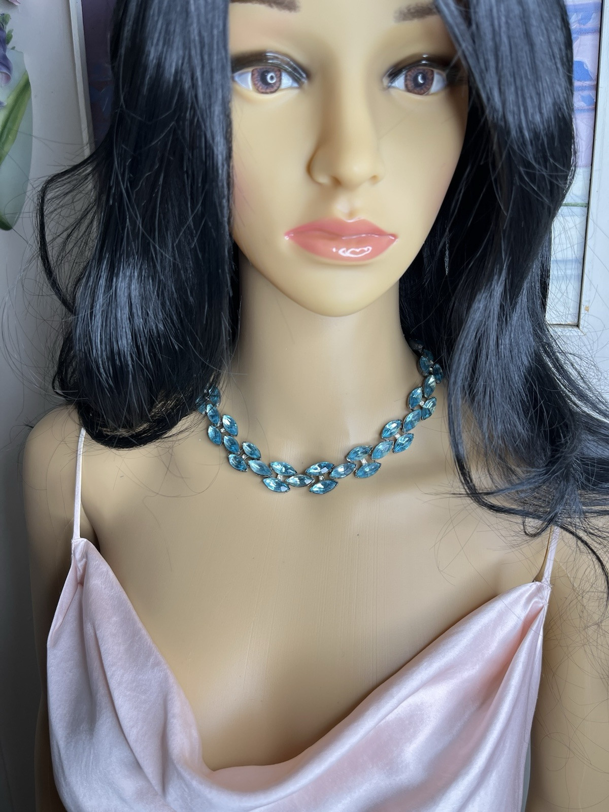 Vintage Aqua Rhinestone Pot Metal Rivière Necklace Not Signed