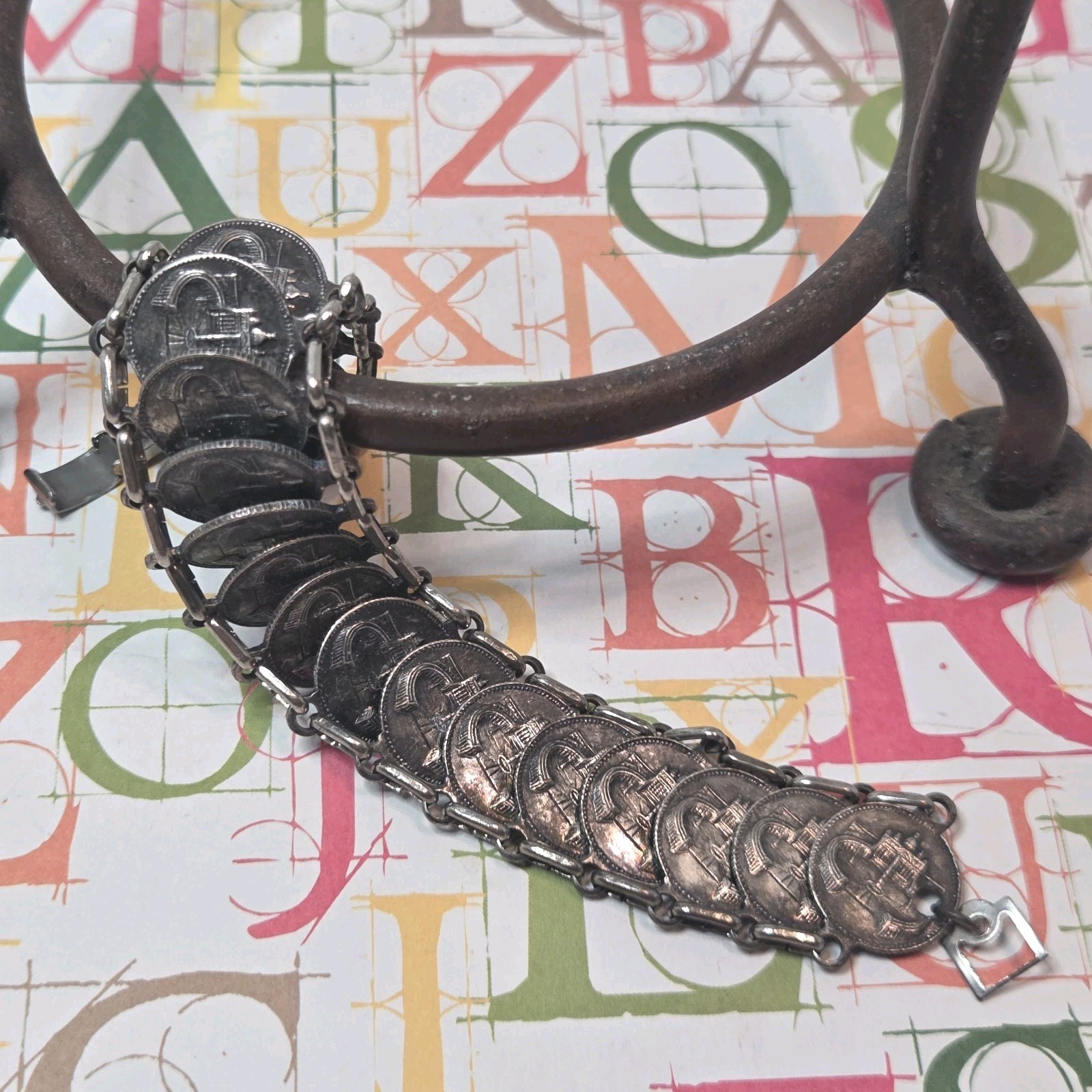 Vtg Roma Italian Coin Souvenir Bracelet Mid Century RomulusRemus St Peters Italy