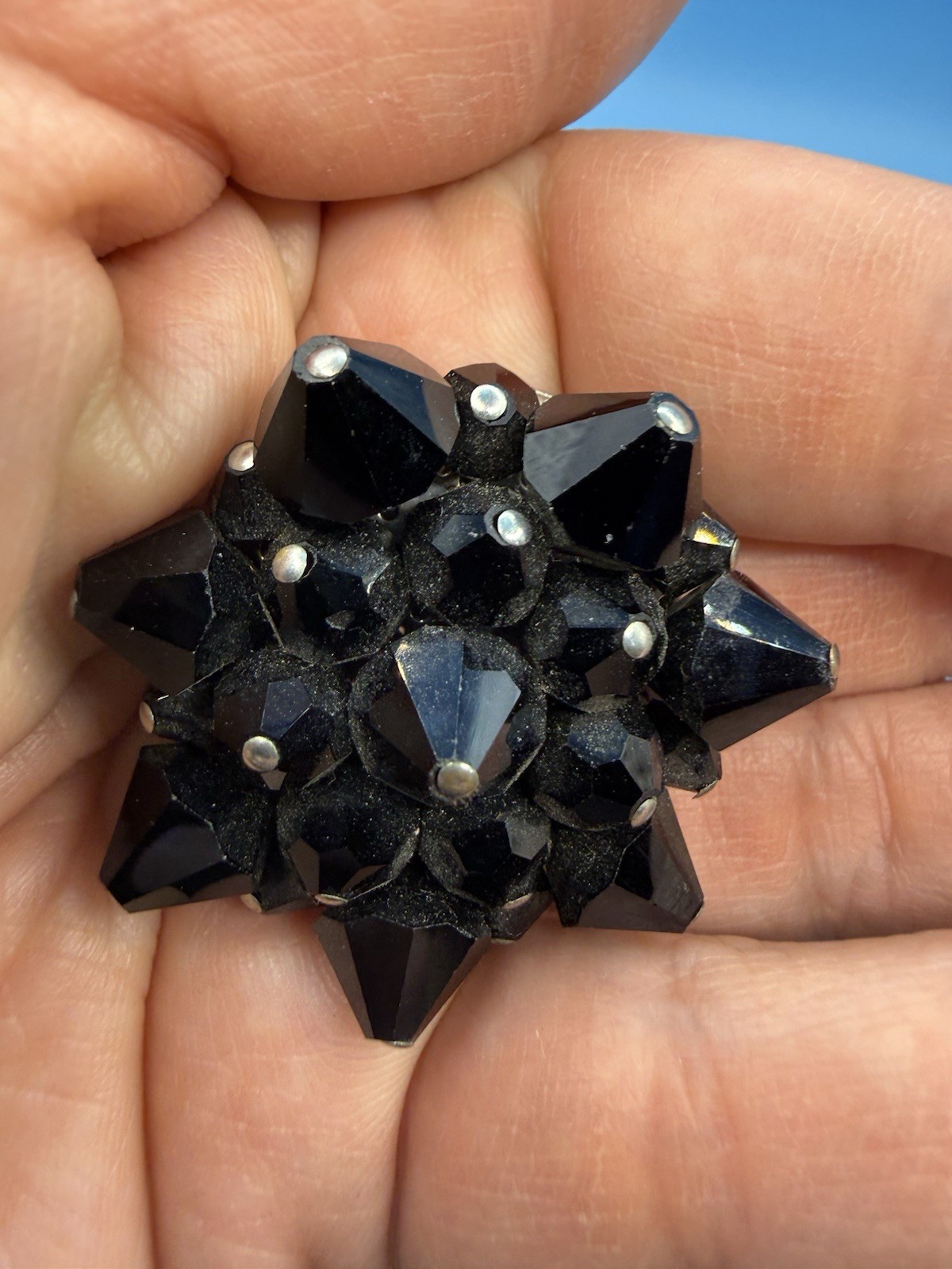 Vintage Black Faceted Glass Flower Star Pin Brooch 1 1/2 inches Across