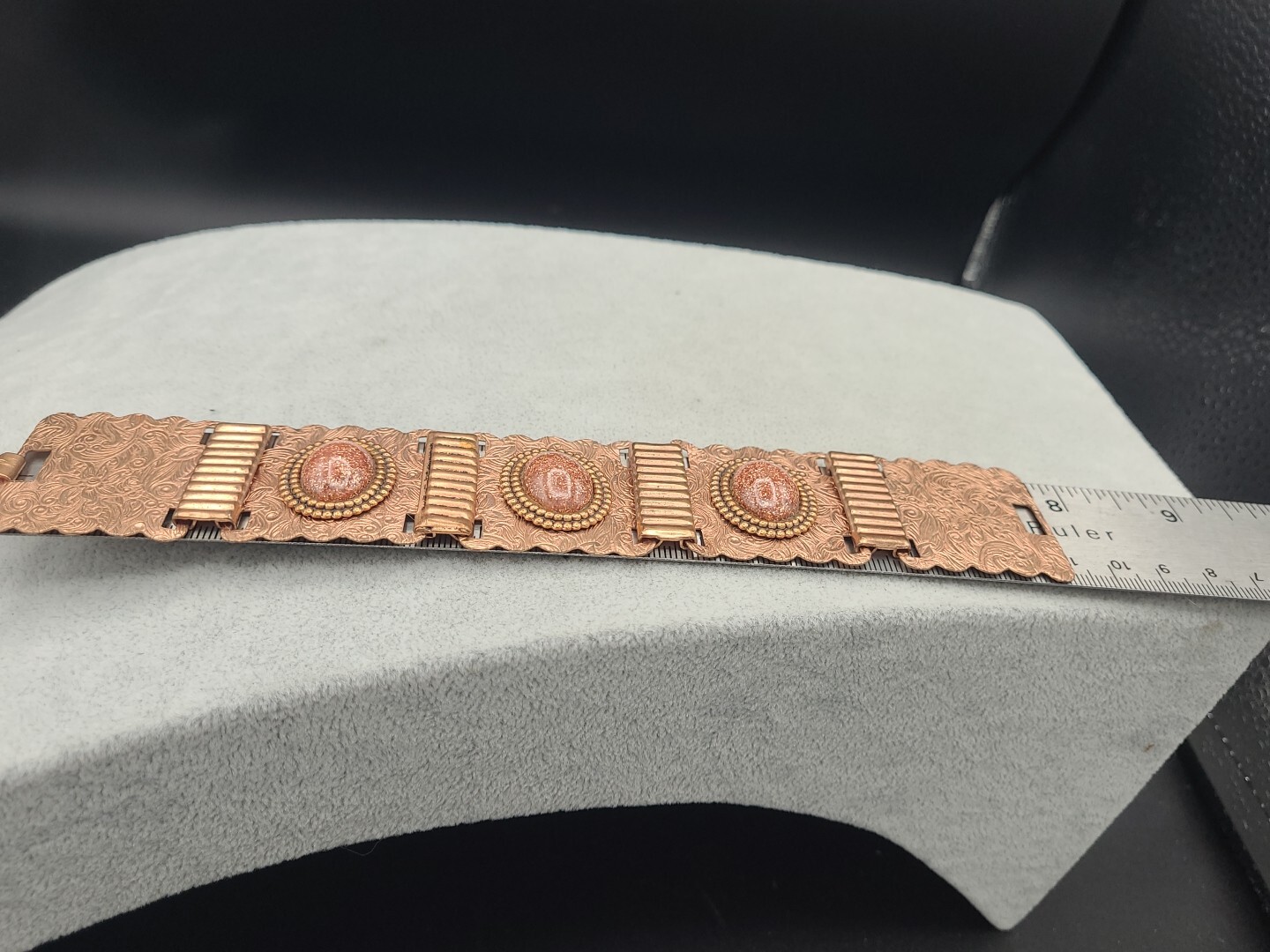 Stunning Vintage Copper & GoldStone Bracelet 7 3/4″ & Earrings Ornate Metalwork