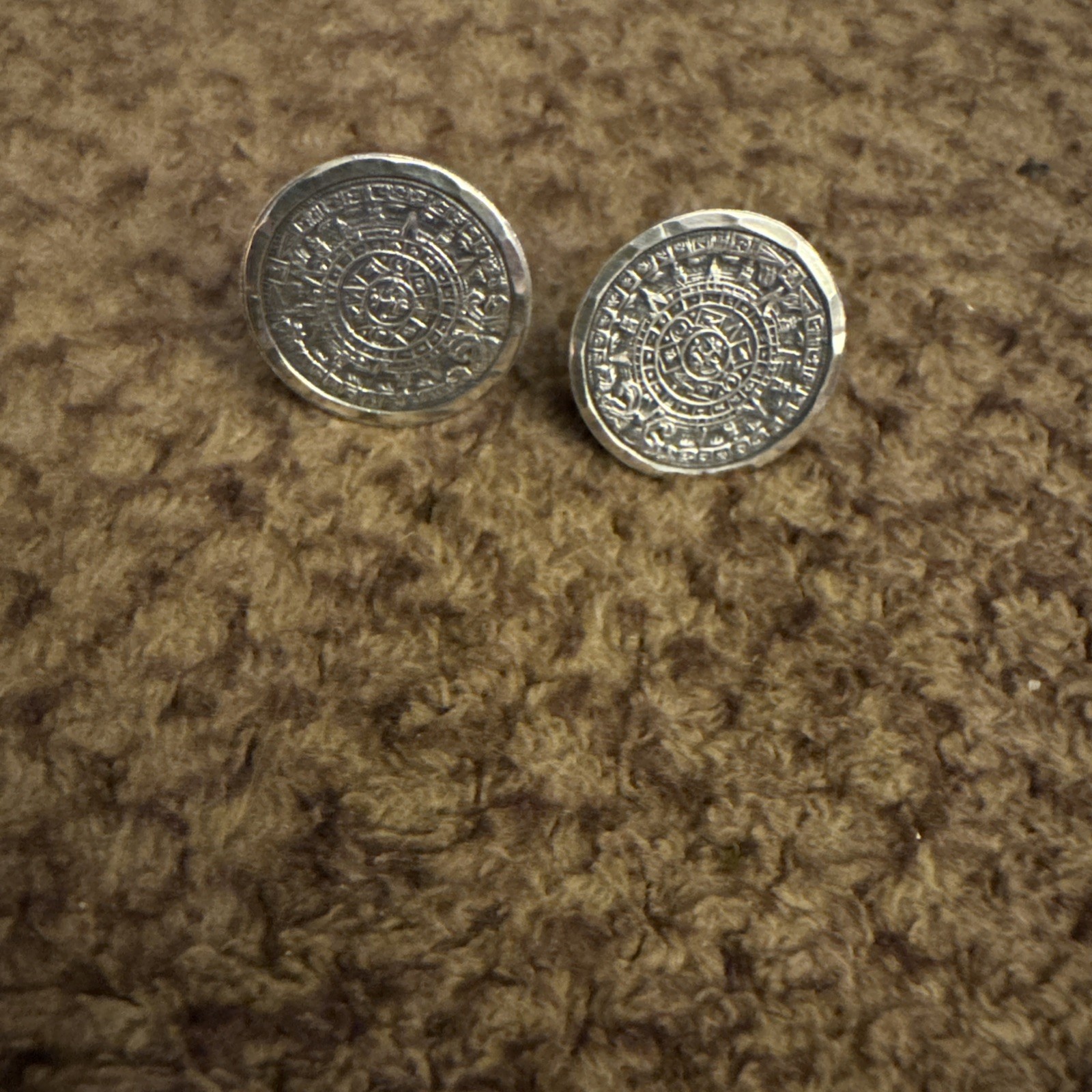 Vintage 925 Sterling Earrings Aztec Mayan Calendar Screw Back