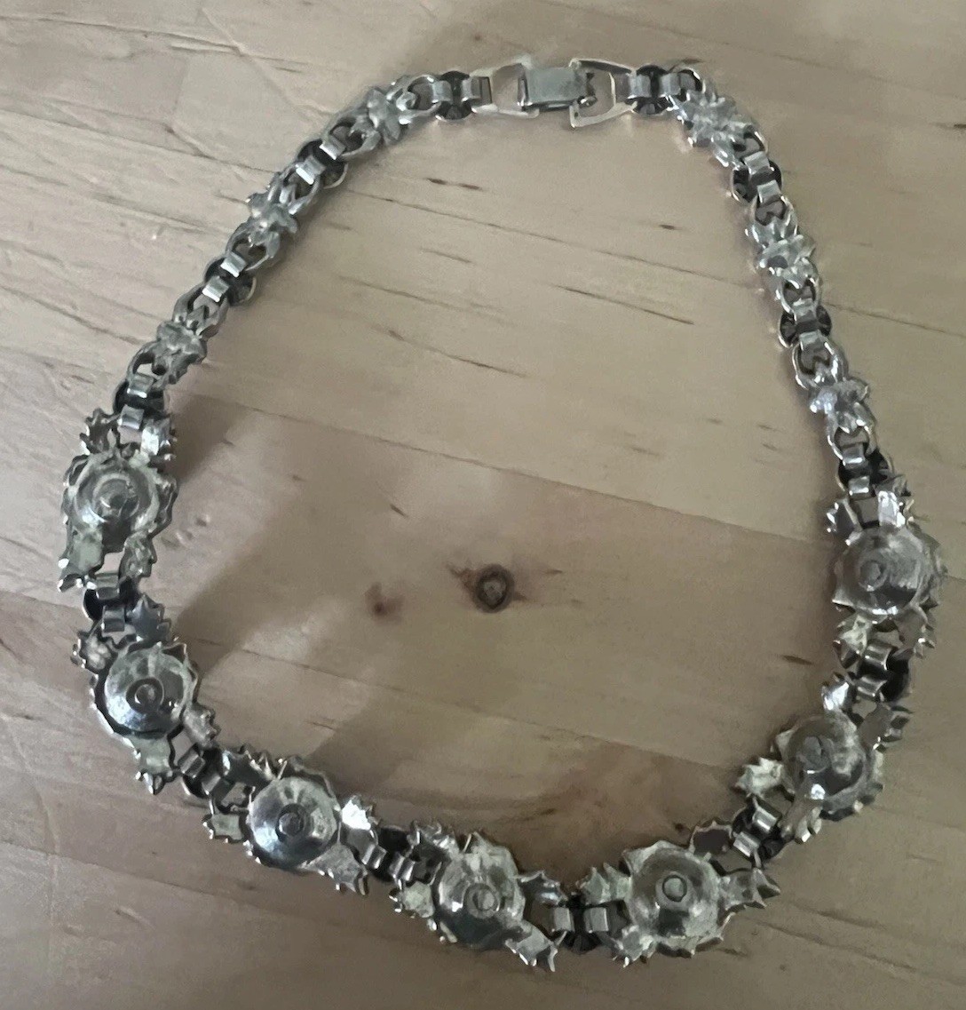 Vintage MCM Cabbage Rose Choker Necklace with Rhinestones Stunning 14.5” Long