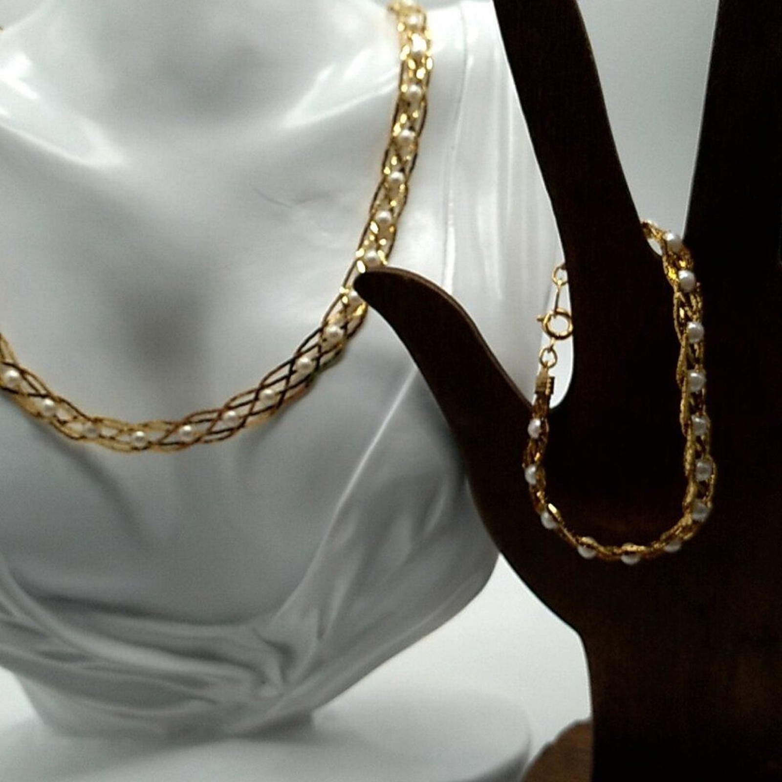 Vintage Avon Convertible Gold-tone Braided Pearl Necklace-Bracelet Silver Plated
