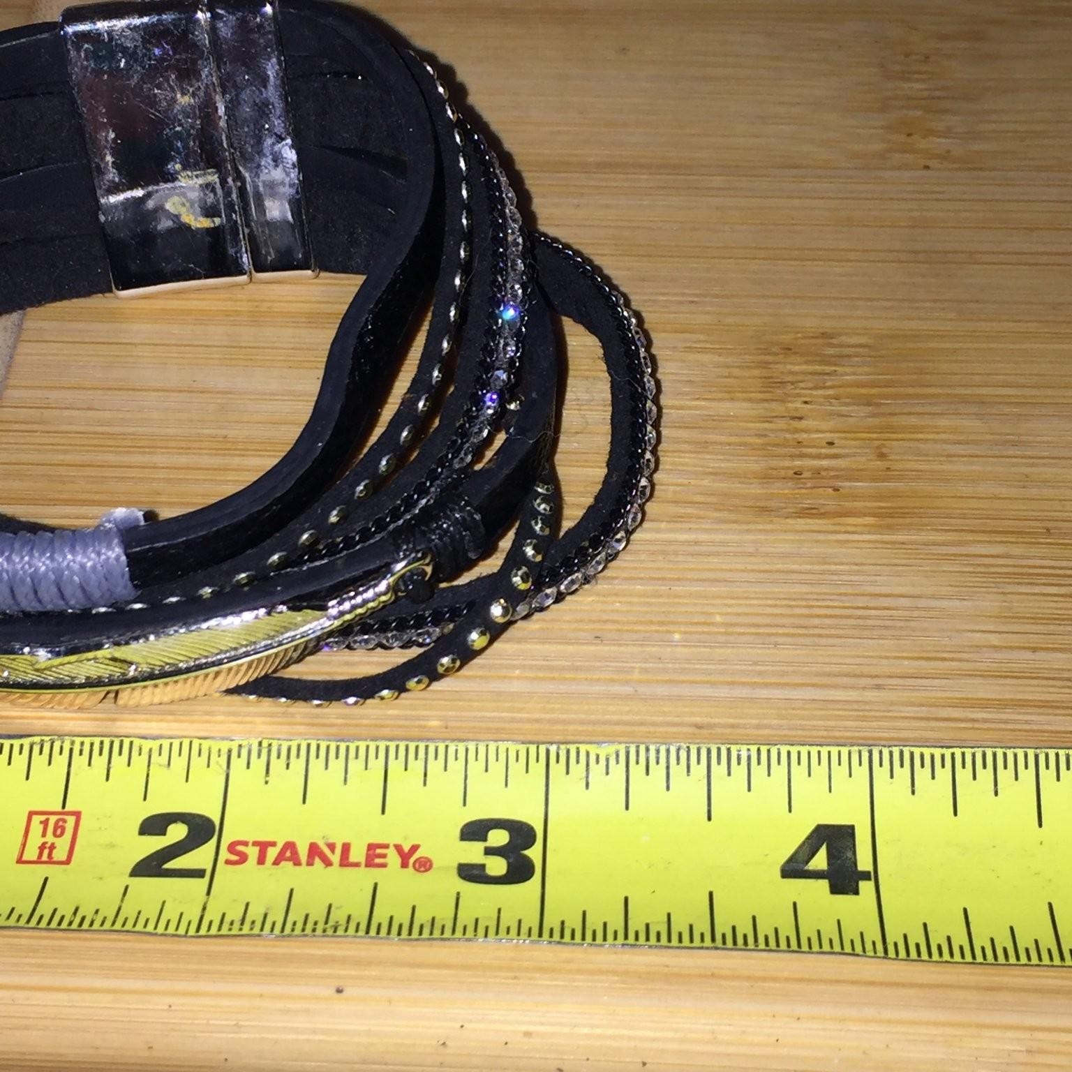 Boho Wrap Bracelet Gold Silver Tone Faux Leather Feather Rhinestone Studded VTG