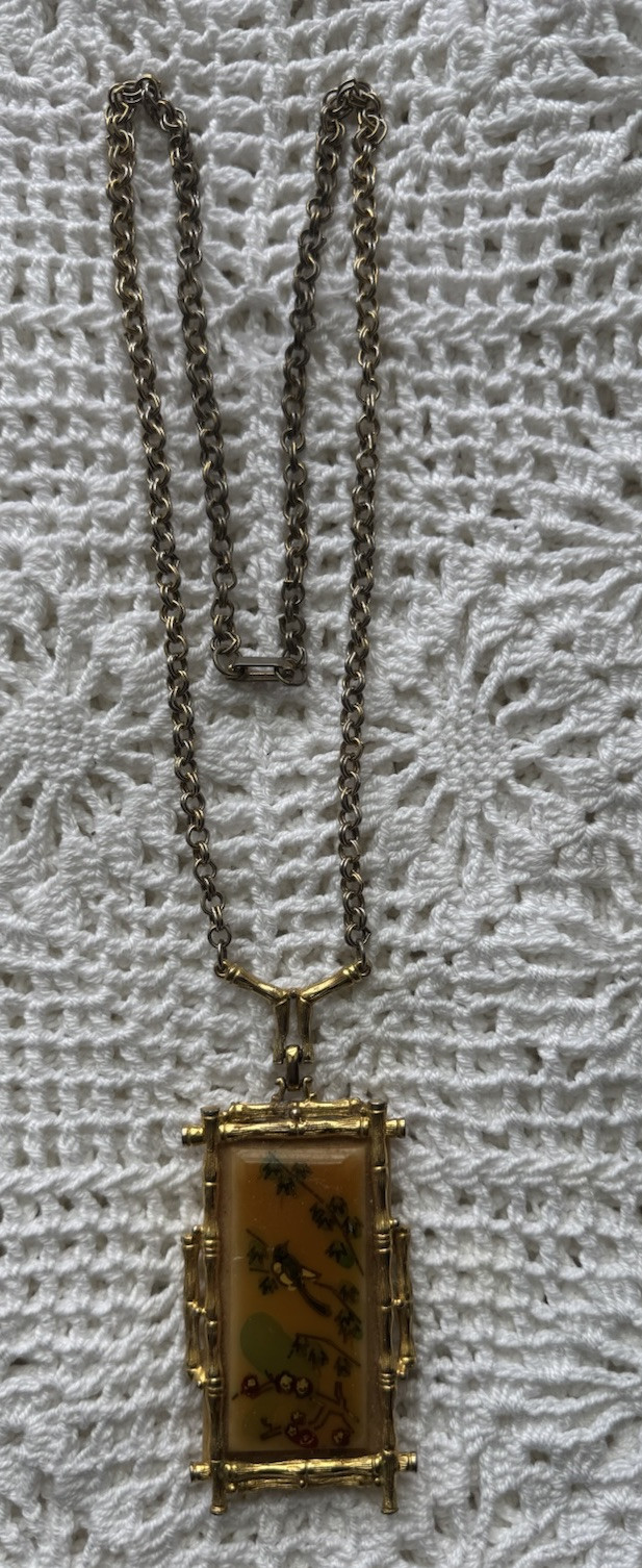 Vintage Necklace Bamboo Frame Asian Gold Tone Bird Floral Souvenir 2 3/4” H