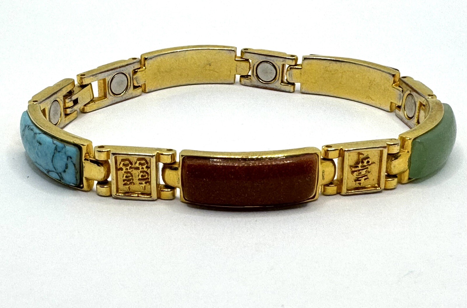 Vintage Gold Tone Linked Panel Magnetic Asian Bracelet Tiger Eye Jade Turquoise