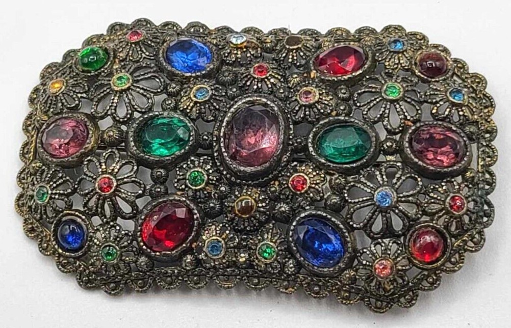 Vtg 1940s New England Glass Works Brooch Pin Floral Design Faceted Stones ~3″L