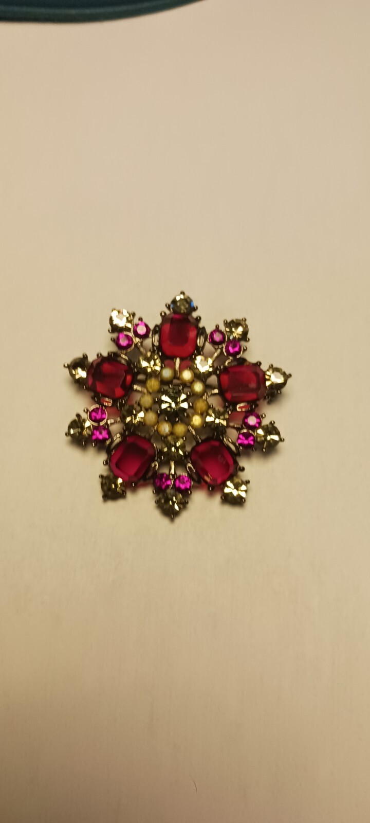 Vintage Brooch Red Square Round Rhinestones Crystal Rhinestones Dark Metal Base
