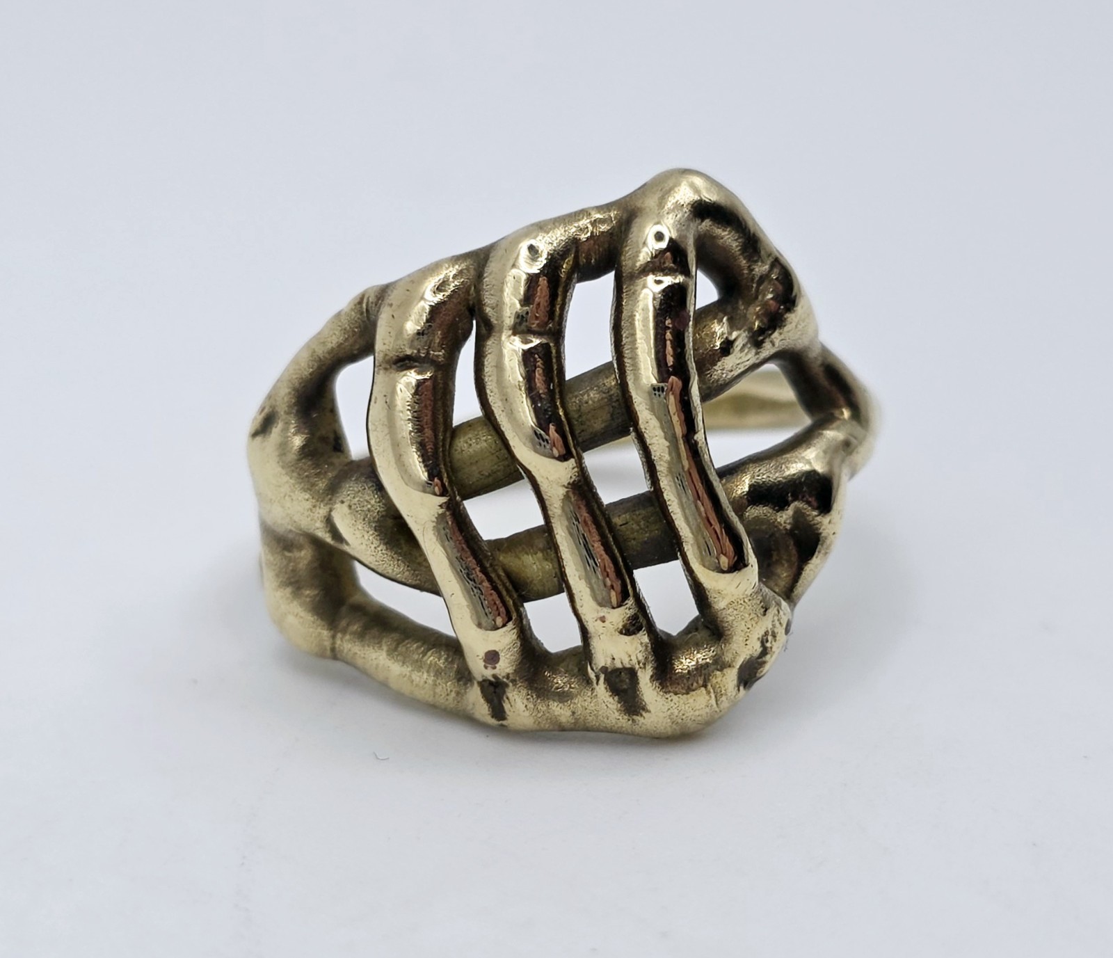 Vintage Brutalist Brass Skeleton Hand Ring Sz 8.75 MCM Modernist Goth Statement