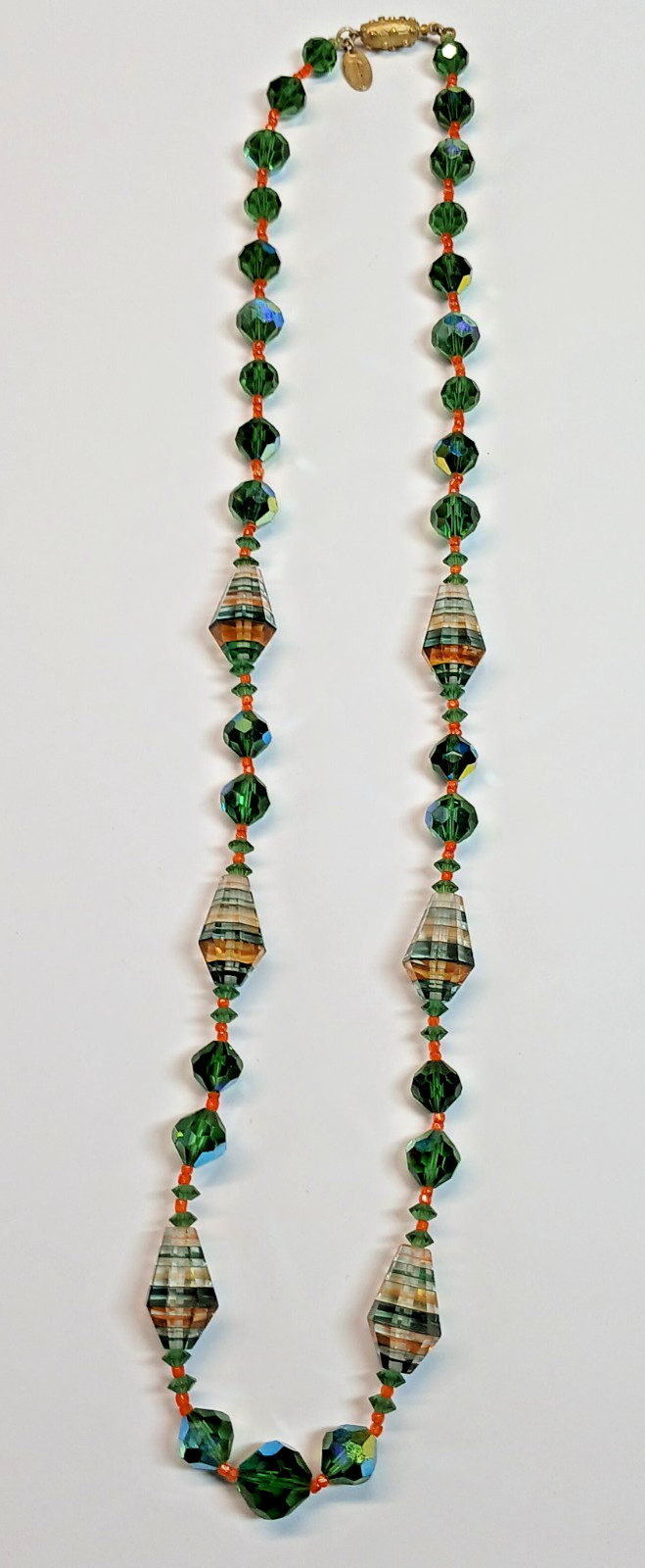 Vendome Green Orange Spiral Striped Bicone Cyrstal Bead Necklace RARE Vintage