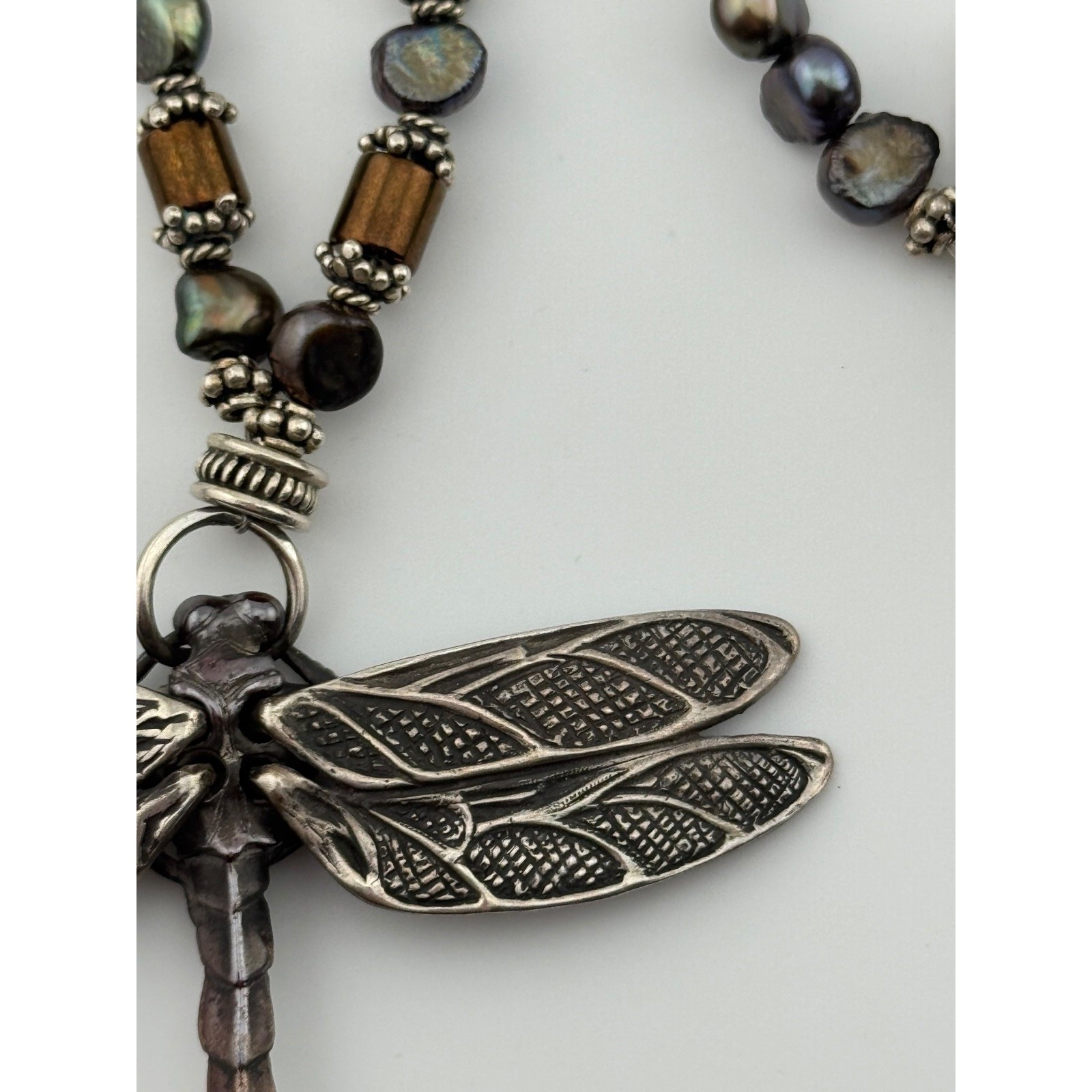 Vintage 1999 Robert Bob Burkett Signed Dragonfly Pendant Beaded Pearl Necklace