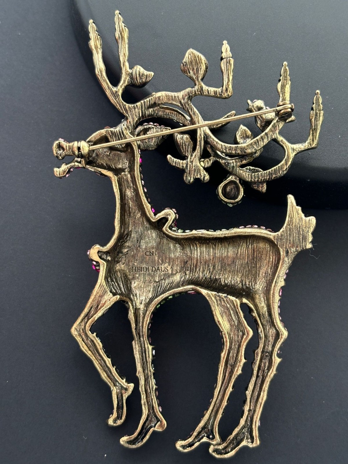 Heidi Daus Crystal Reindeer Brooch Pink Green Rhinestone Vintage Bronze Tone Pin