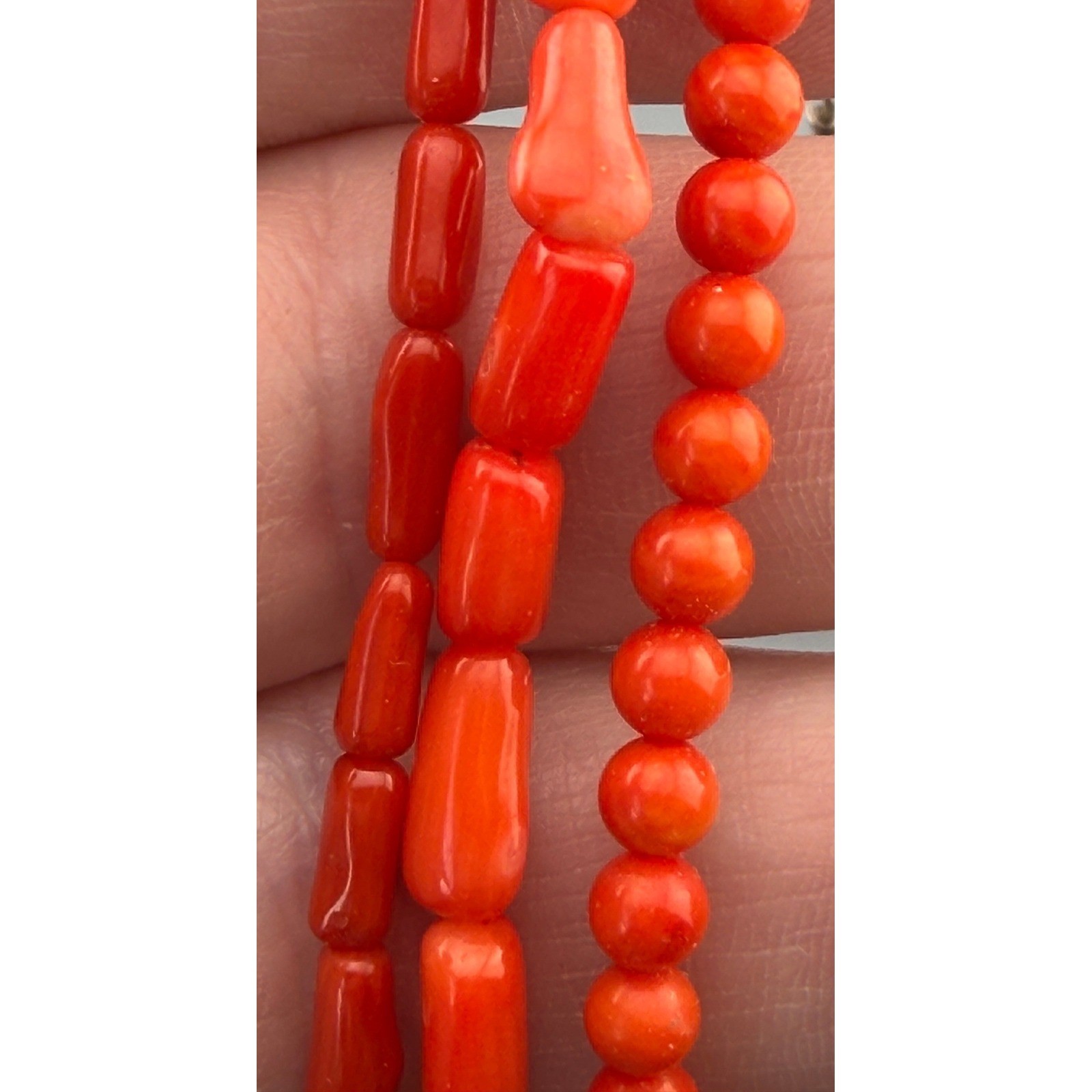 Vintage Multi Strand Coral Bead Necklace Sterling Silver Salmon Orange Beads