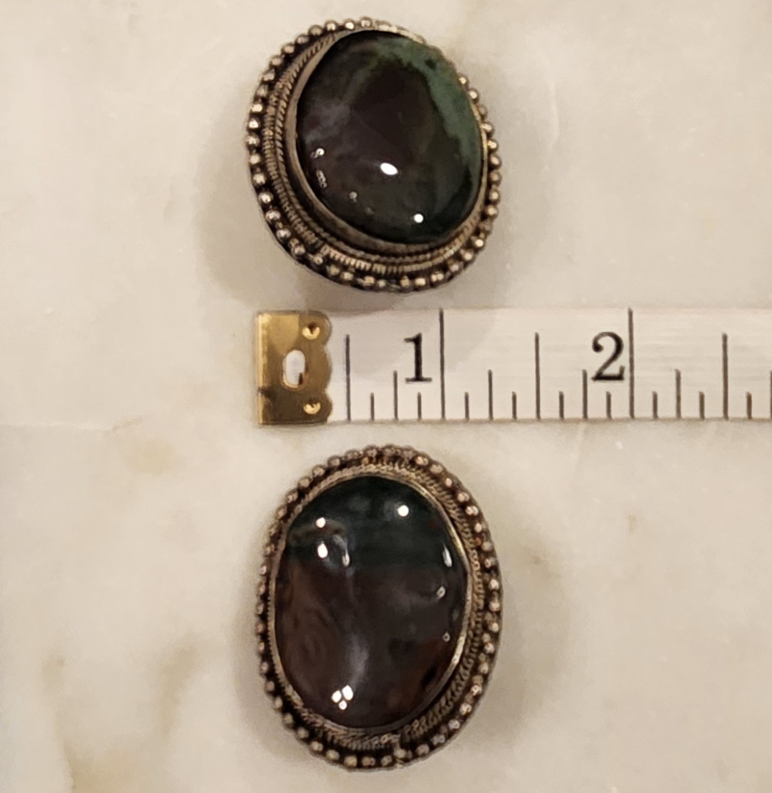 Vintage Clip On Earrings Green Brown Stone Silver Tone Boho Earthy Nature