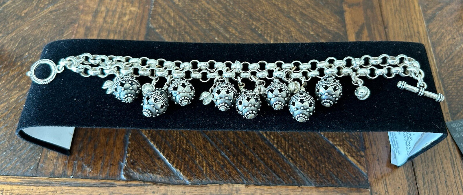Sterling Silver Bali Filigree Fob Charm Rolo Link Double Chain Bracelet