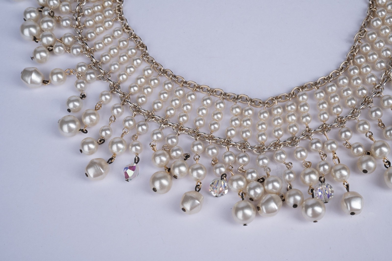 Vintage Faux Pearl Bib Collar Necklace Beaded Fringe Crystal Accents 17″