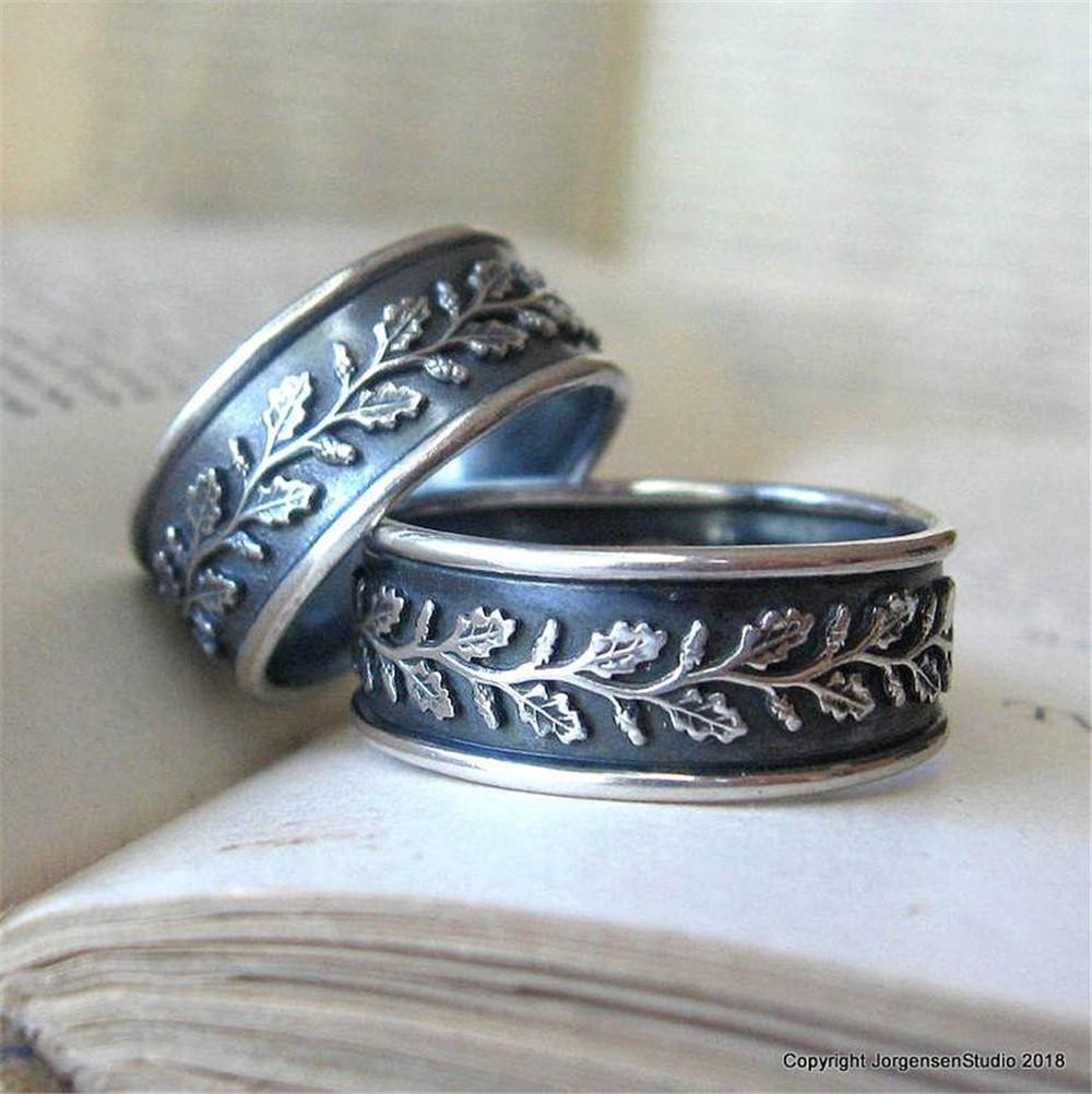 Vintage Carved Leaf Branch Ring Antique Silver Boho Wedding Band Jewelry Gifts