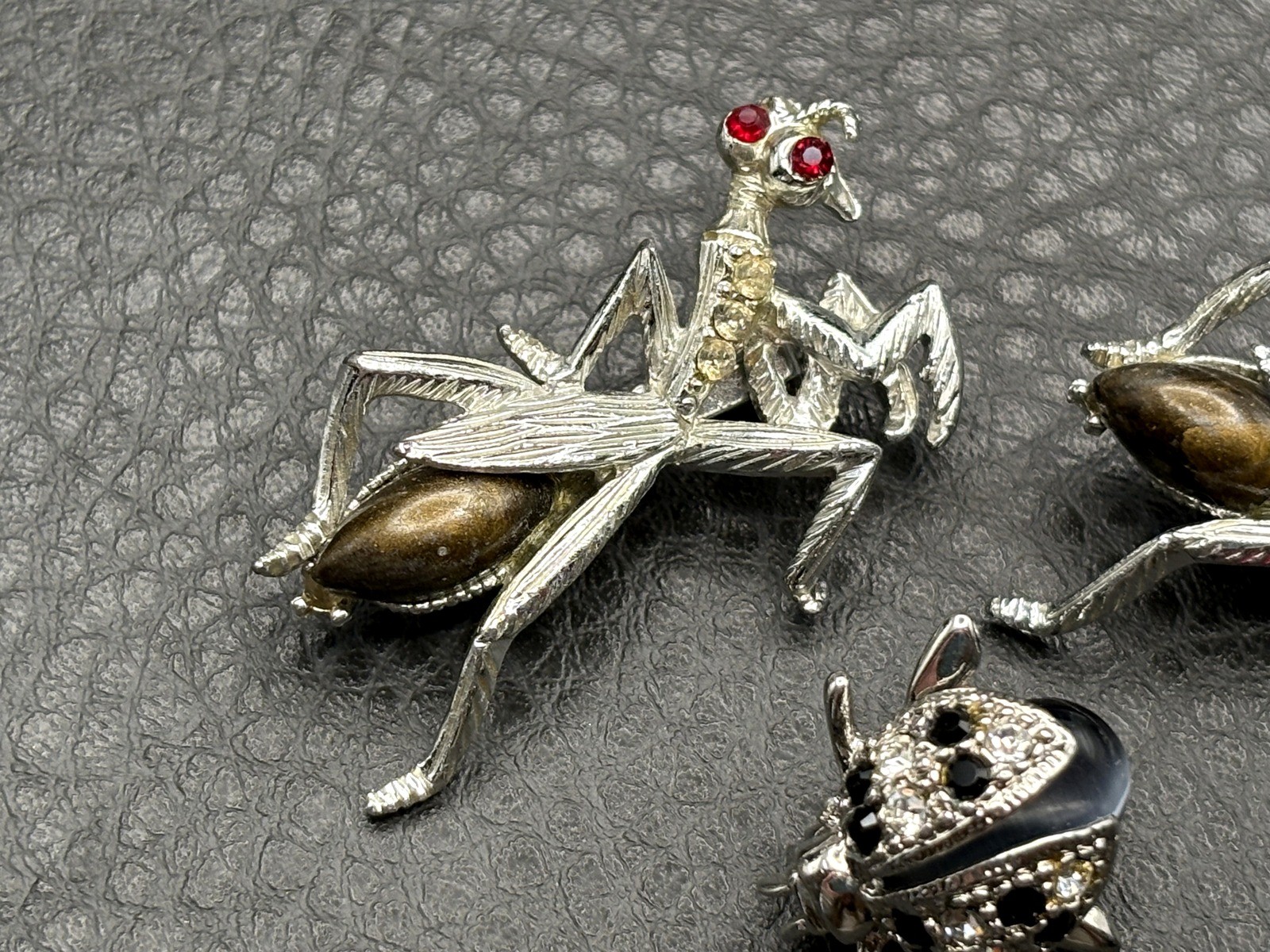 Vintage Lot Of 3 Insects 2 Praying Mantis 1 Beetle Brooch Enamel Crystal Bug Pin