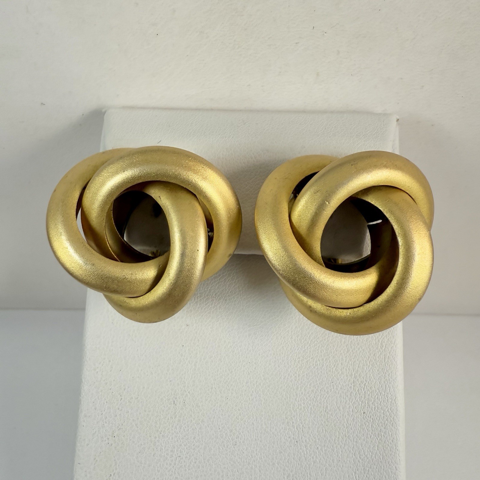 Vintage Chunky Knotted Satin Gold Tone Omega Back Clip on Earrings
