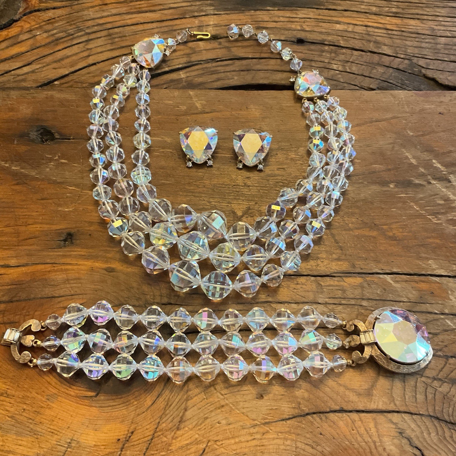 Vintage Laguna LARGE AB Faceted Crystal Glass Bead Necklace Bracelet Earring SET