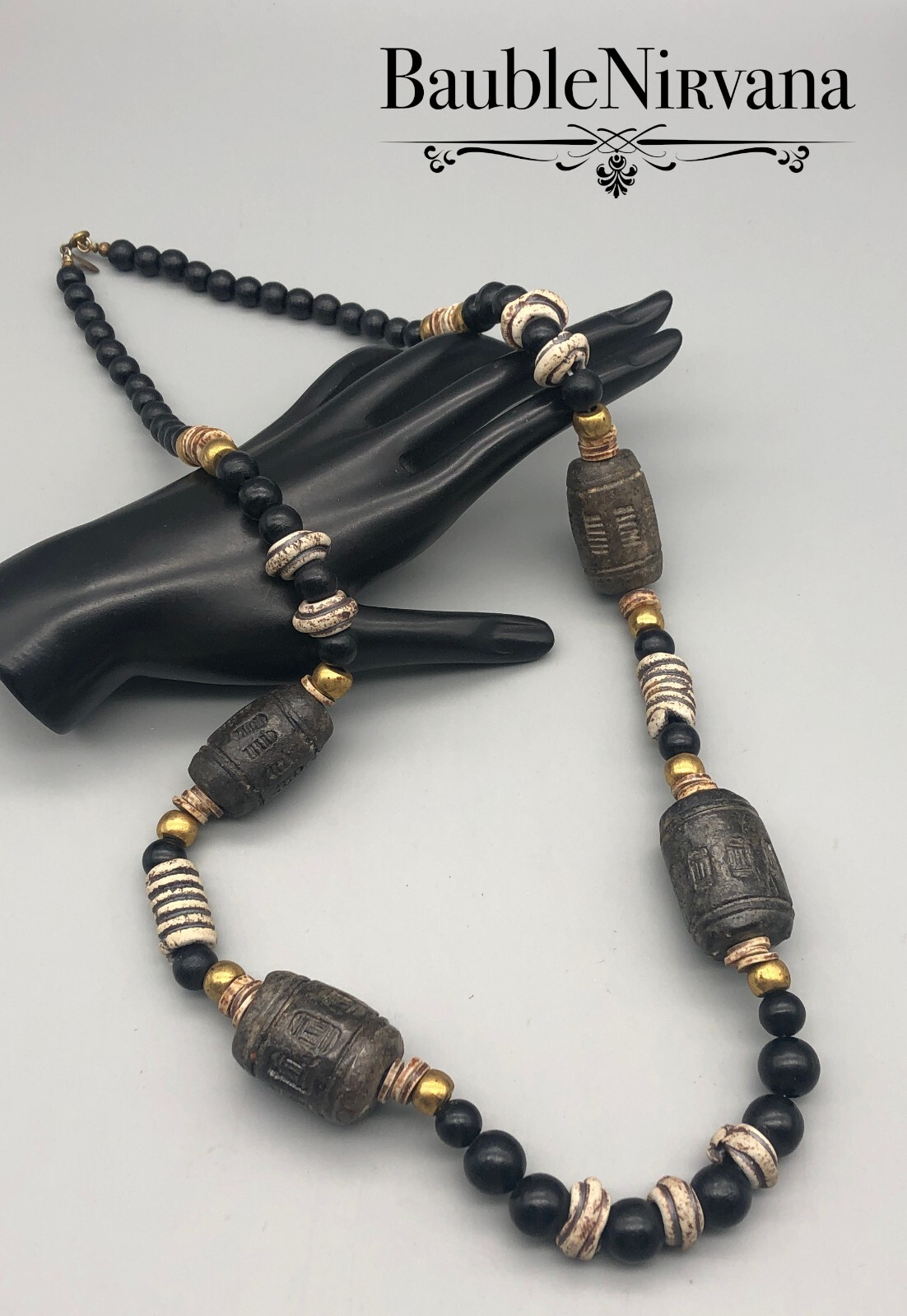 Vintage Cadoro 1980s Chunky Heavy Tribal Ceramic Wood & Brass Bead Necklace