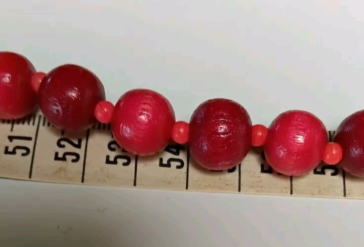 Vintage 135cm Red Carved Wooden & Glass Spacer 11mm Bead Necklace 76 grams