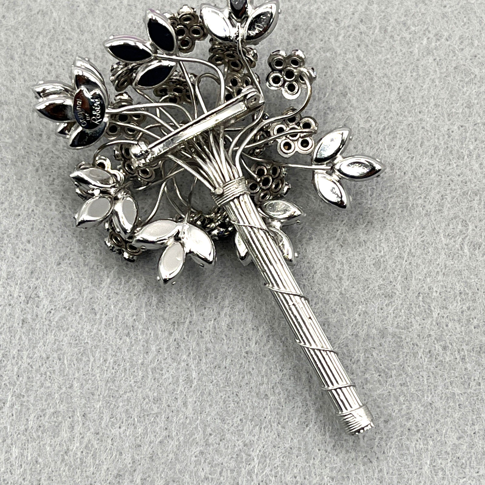 Original By Robert Brooch Bouquet of Flowers Rhinestone Brooch Silver Tone 3.5″