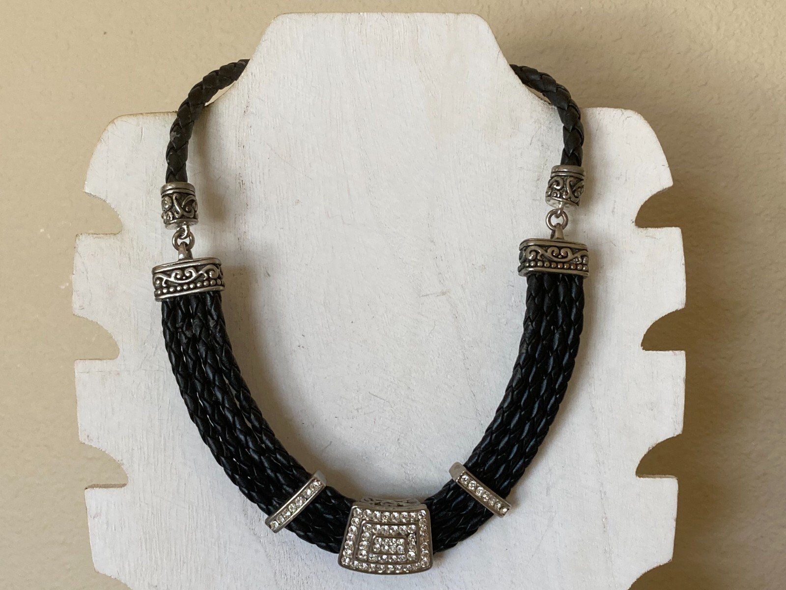 Vintage Rhinestone Accented Black Braided Leather Statement Necklace – 17″