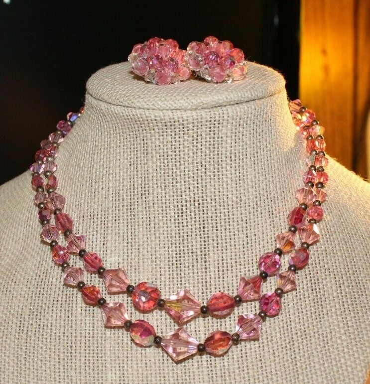 VINTAGE AB PINK 2 STRAND FACTED GLASS BEAD NECKLACE+CLUSTER CLIPS GORGEOUS!