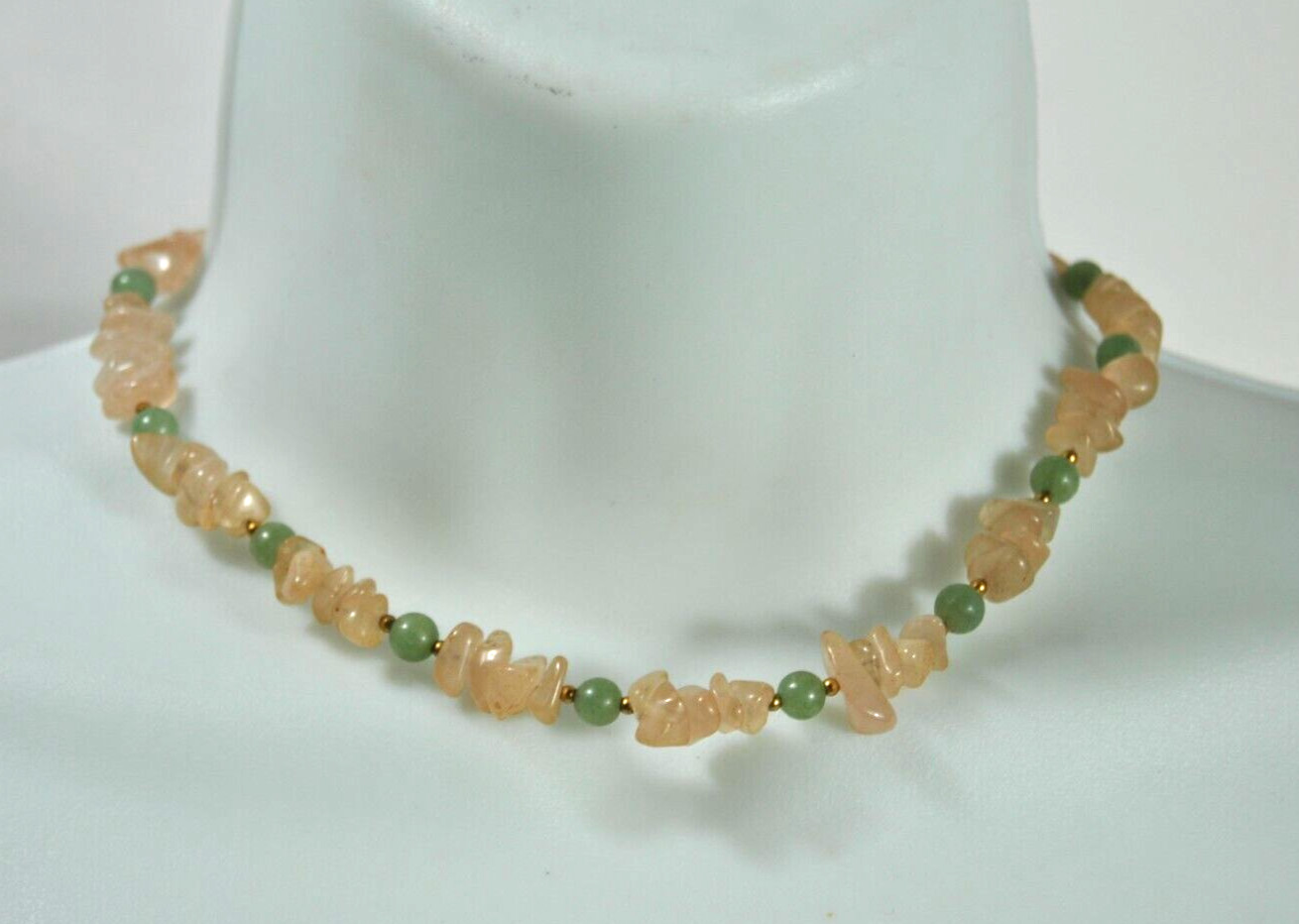 Vintage Jade Pink and Green Bead 15″Necklace Hand Strung Gold Tone Twist Closure