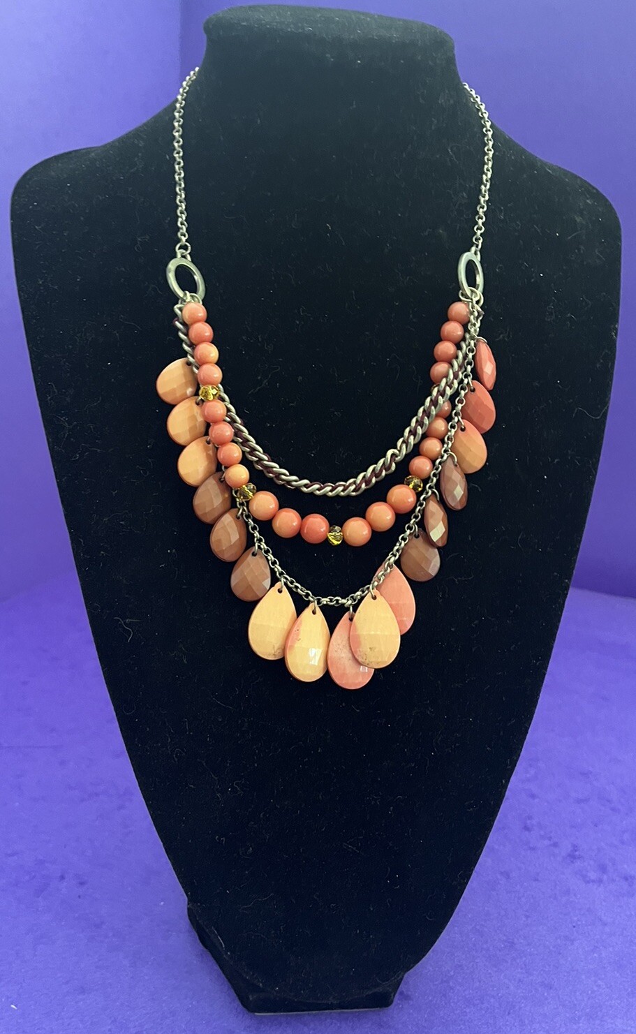Vintage Acrylic Peach Pink Beaded Fringe Bib Multi Strand Dangle Necklace SALE!