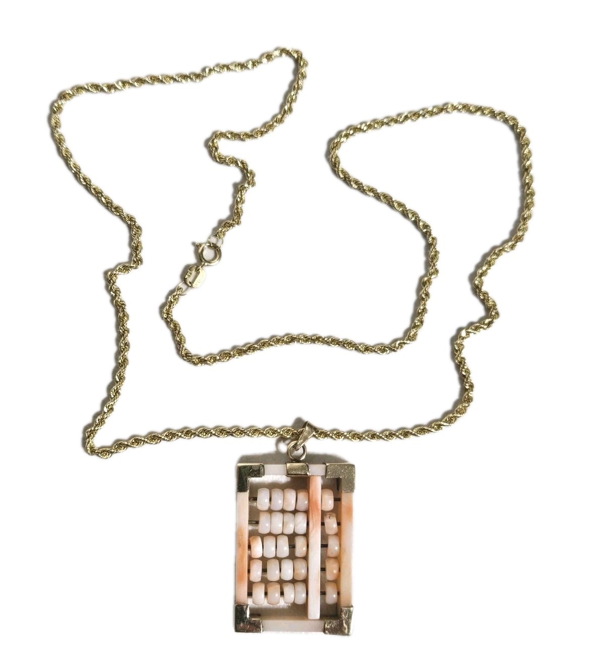 Vintage 14K Gold Angel Skin Coral Abacus Pendant 2mm Rope Chain Necklace 18-3/4″