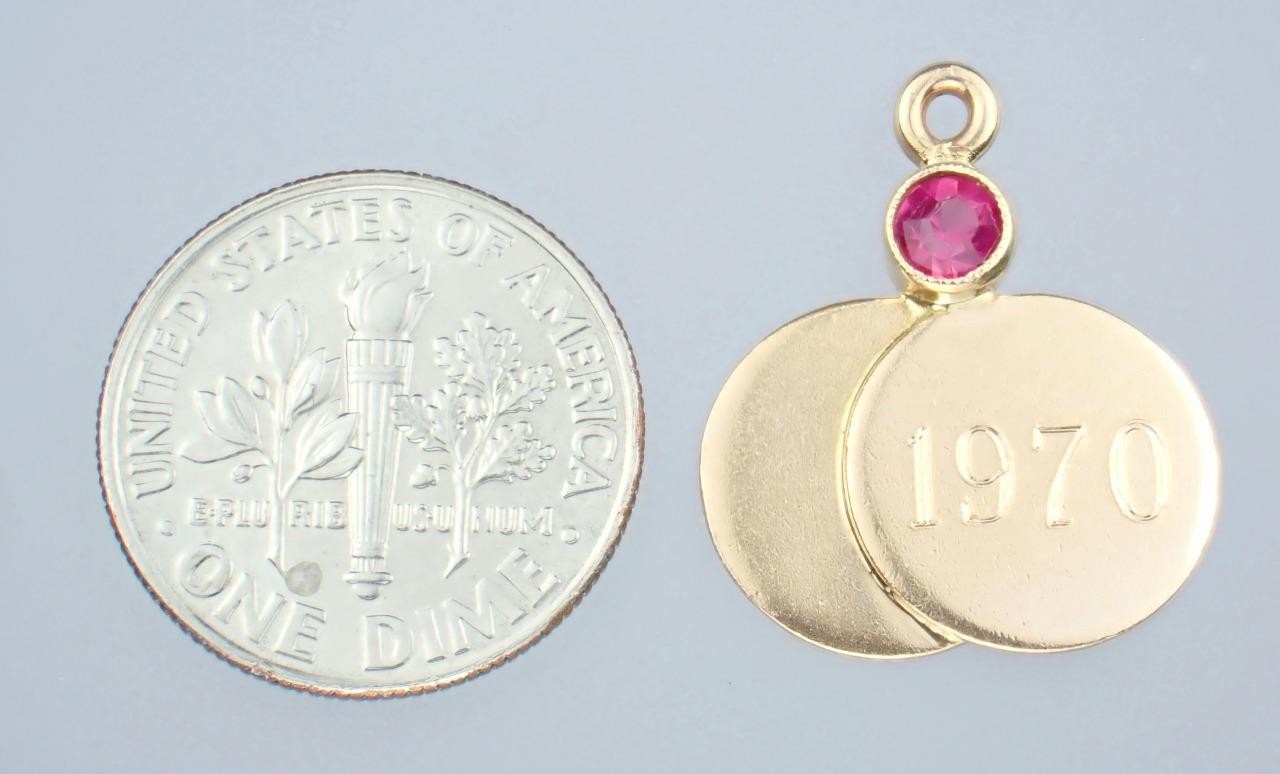 Pretty Vintage Solid 14K Gold Lab Created Ruby Medallions ‘1970’ Charm Pendant