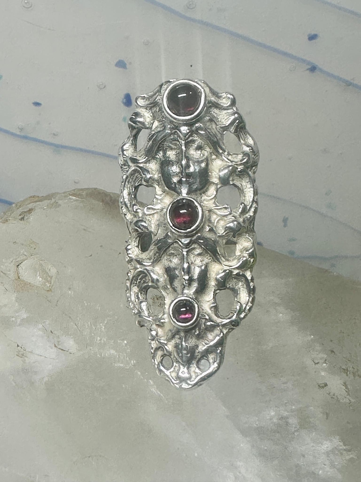 Face ring long figurative Art Deco influences garnets size 5.75 sterling silver