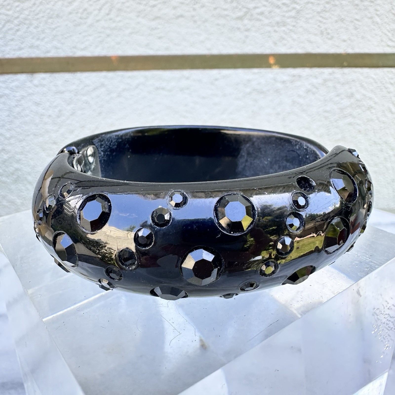 Vintage Black Lucite Bracelet Rhinestone Hinged Clamper Midcentury 1950s 60s