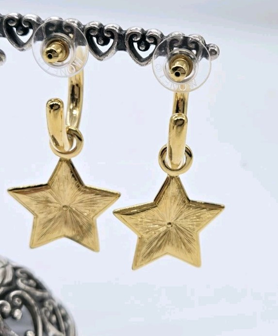 Monet Earrings STAR Charm Gold Tone Hoop 2 in Dangle Drop Vintage Pierced