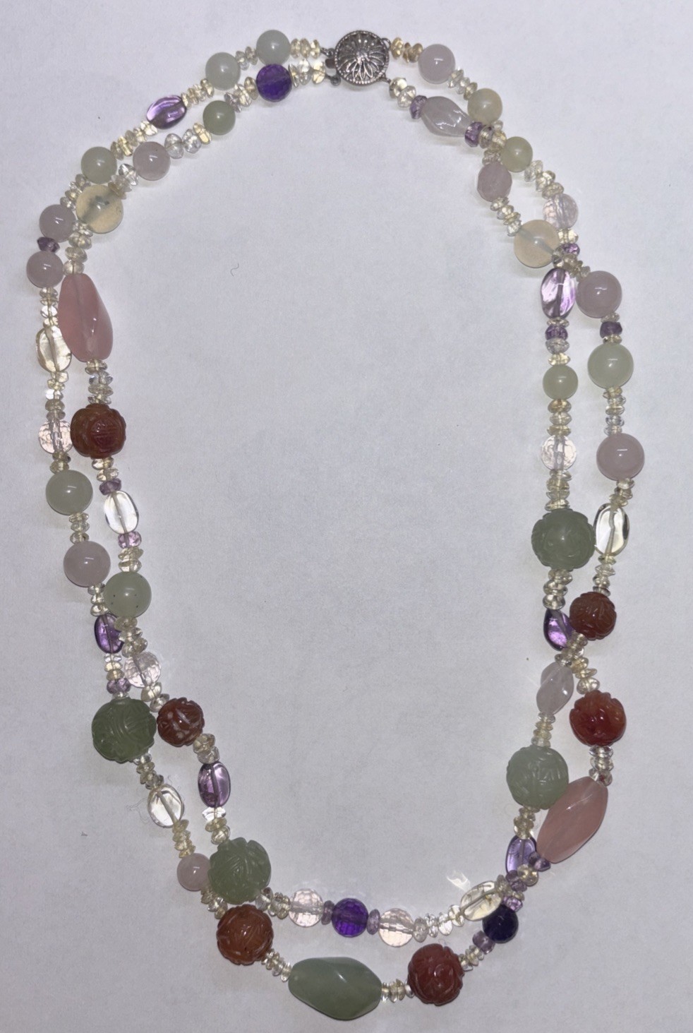 Multi-Gemstone 2-Strand Necklace Carved Jade Amethyst Sterling Silver STG 85g