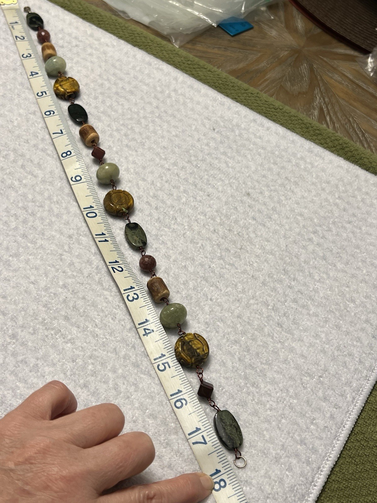 ESTATE CHINESE CARVED TIGERS EYE, JADE JASPER STONE NECKLACE 18” STERLING COPPER