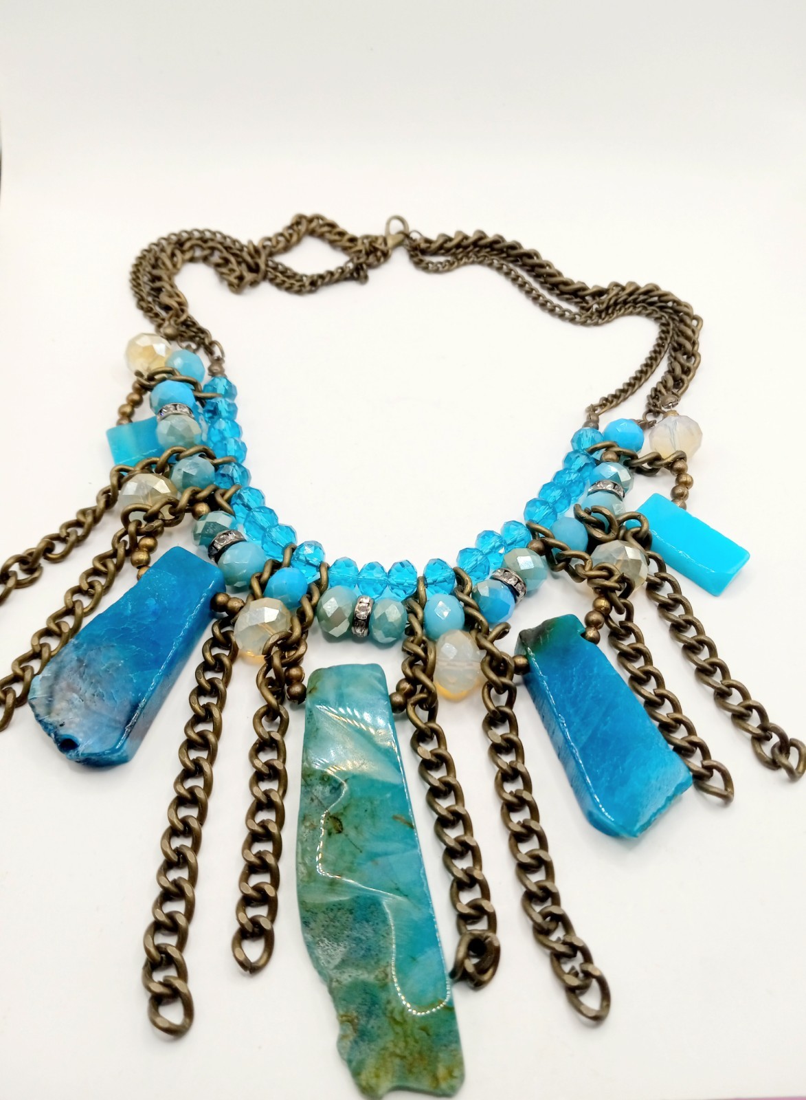Vtg Natural Polished Stone & Brass Faceted Crystal Statement Necklace 8.5″ Drop
