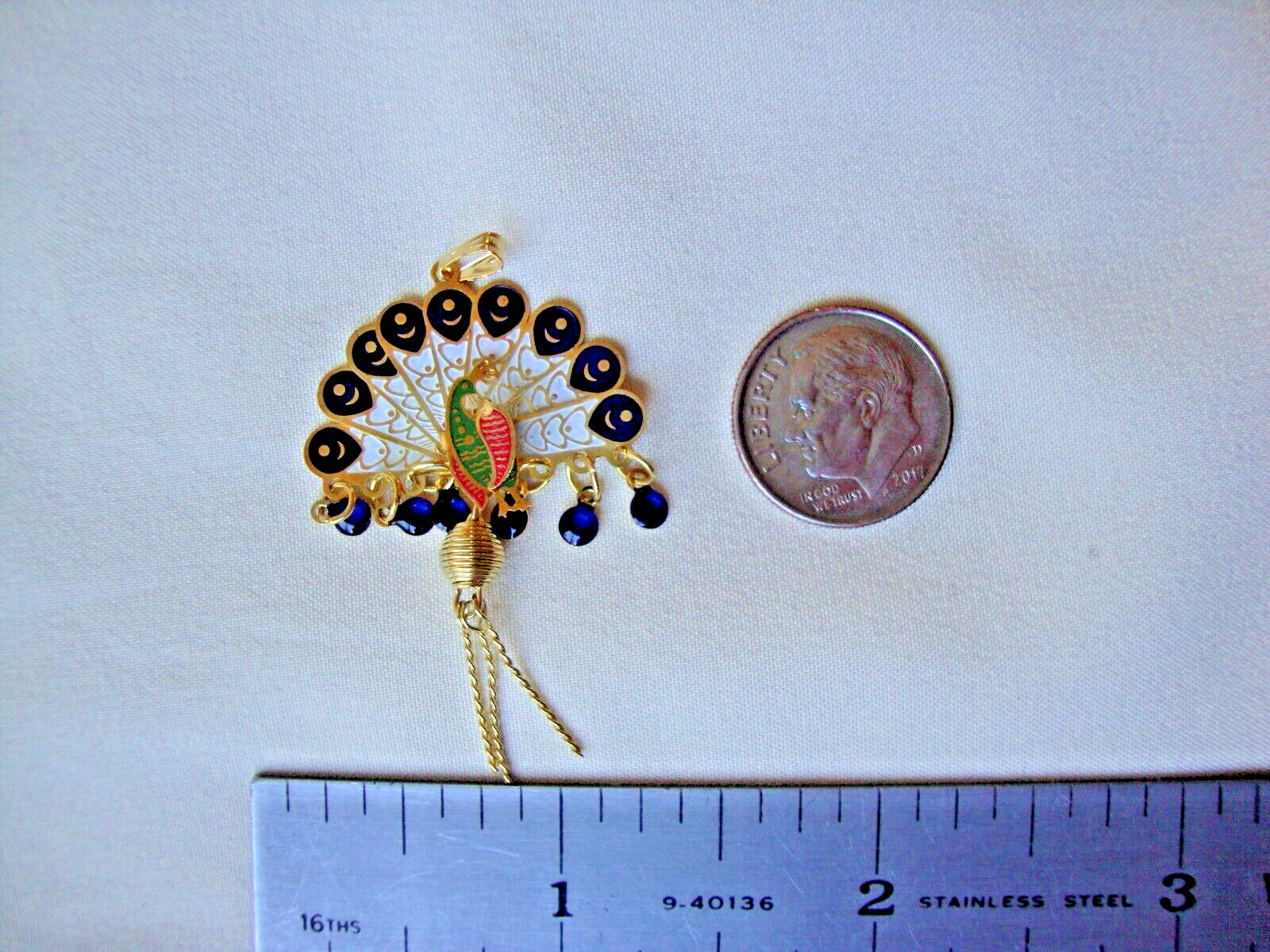Vintage Folding Peacock Fan Green Red Blue & White Enamel Gold Filled Pendant