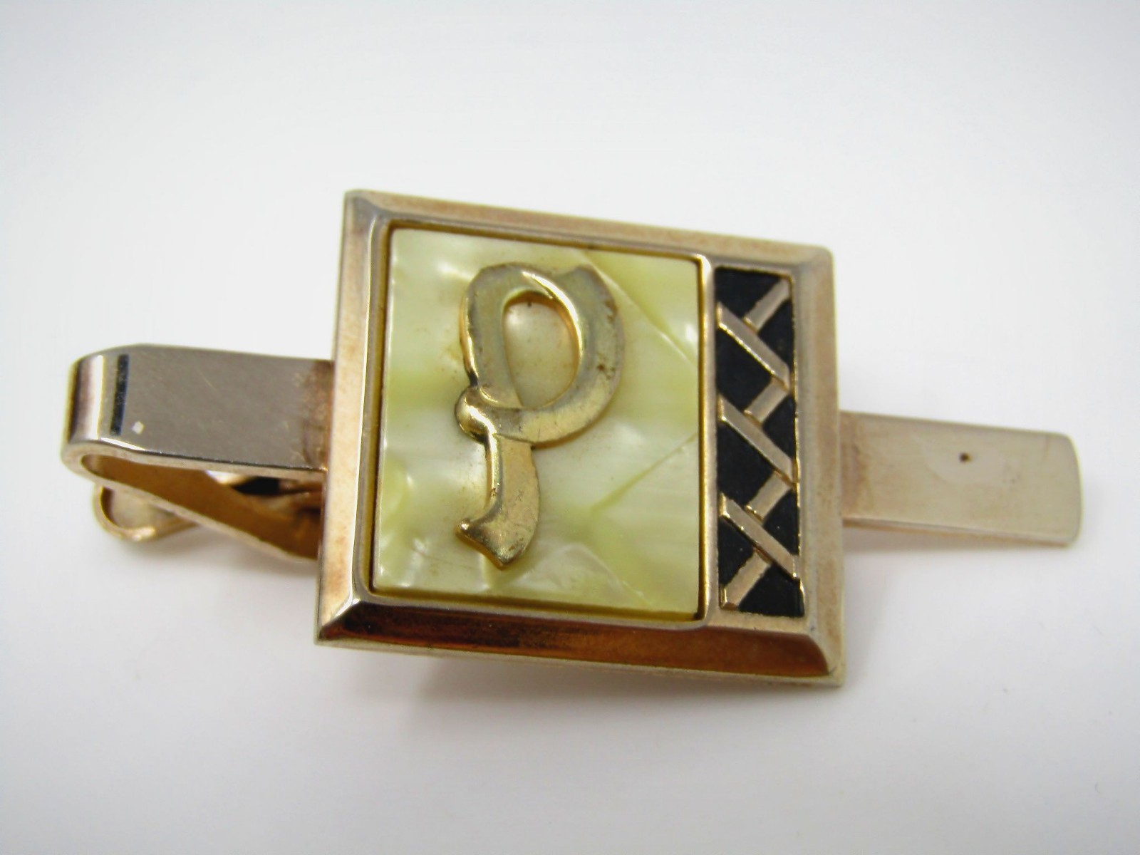 Vintage Letter P Monogram Tie Bar Clip Gold Tone Mother of Pearl Black Enamel