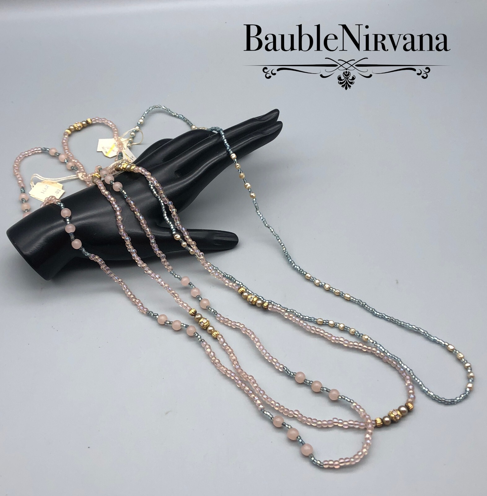 Set of 3 Vintage Aurora Borealis Glass Bead Necklaces Pink Blue Gold Never Worn